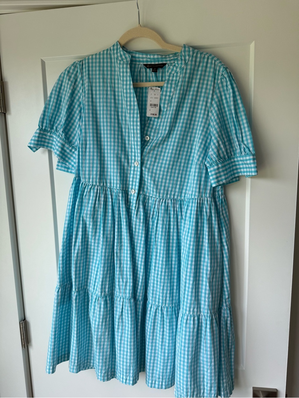 Brooks Brothers Aqua Gingham Tiered Mini Dress